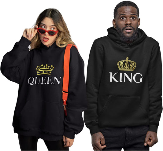 Matching King & Queen Couple Hoodies - Perfect Valentine's Day Gift for Him & Her - Black, Women Large/Men Medium