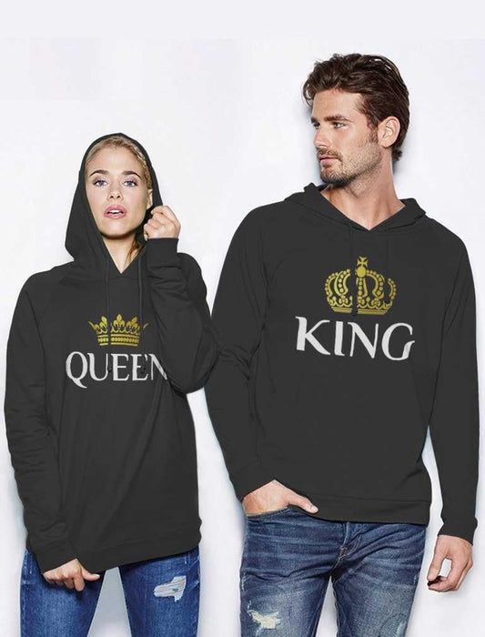 Matching King & Queen Couple Hoodies - Perfect Valentine's Day Gift for Him & Her - Black, Women Large/Men Medium